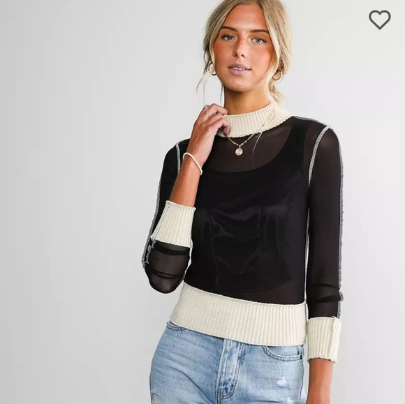 BLUE BLUSH fitted mesh long sleeve mock neck sweater trim top. Size small NWT - Picture 3 of 16